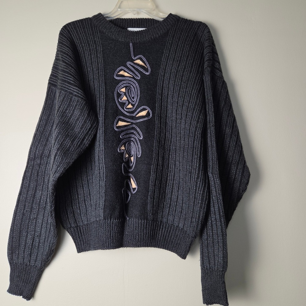 Saturdays Vintage 90s Mens Black Ribbed Acrylic Graphic Pullover Sweater Medium